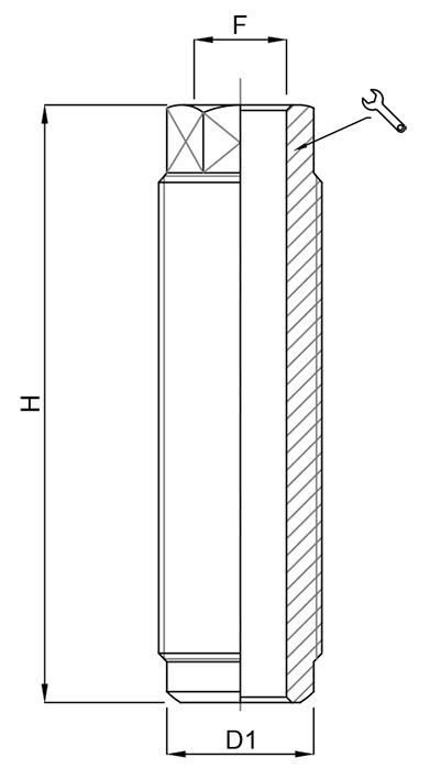 A black and white drawing of a cylinder with measurements and a wrench.