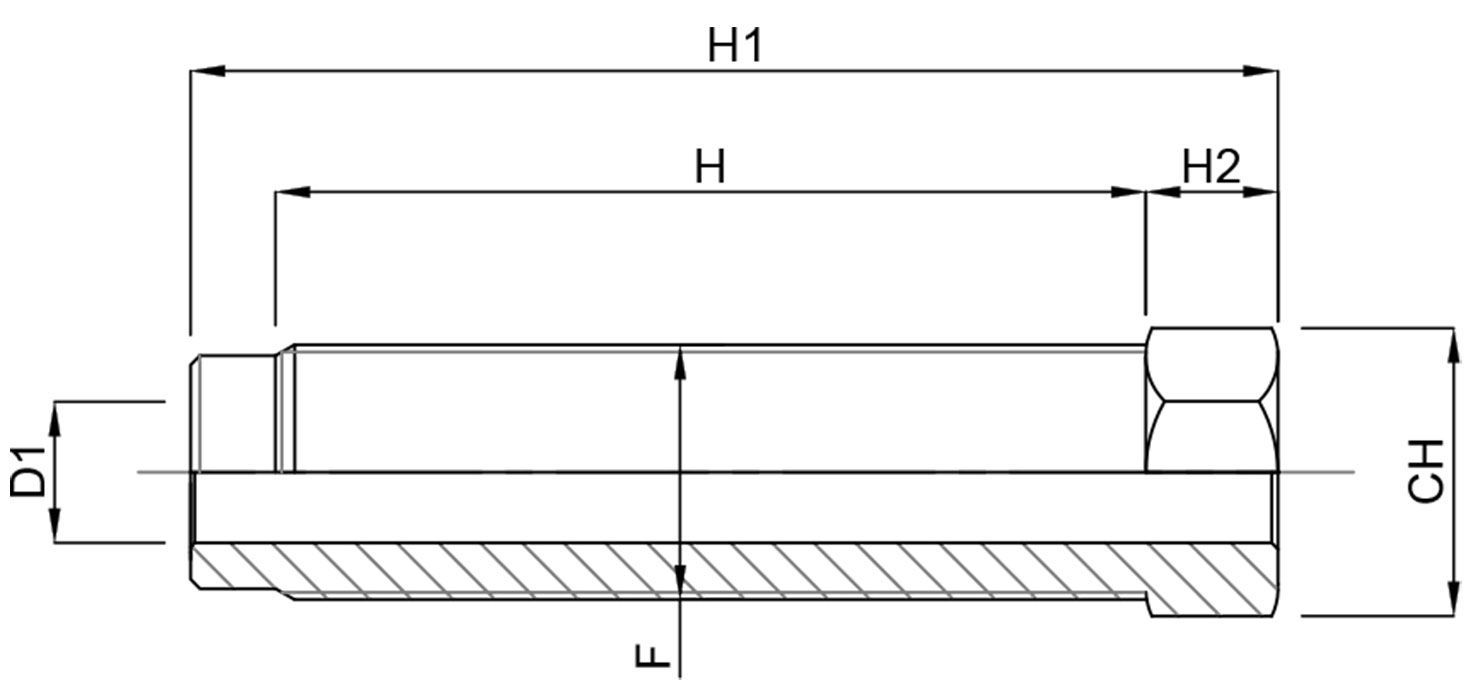 A black and white drawing of a hose with measurements on a white background.