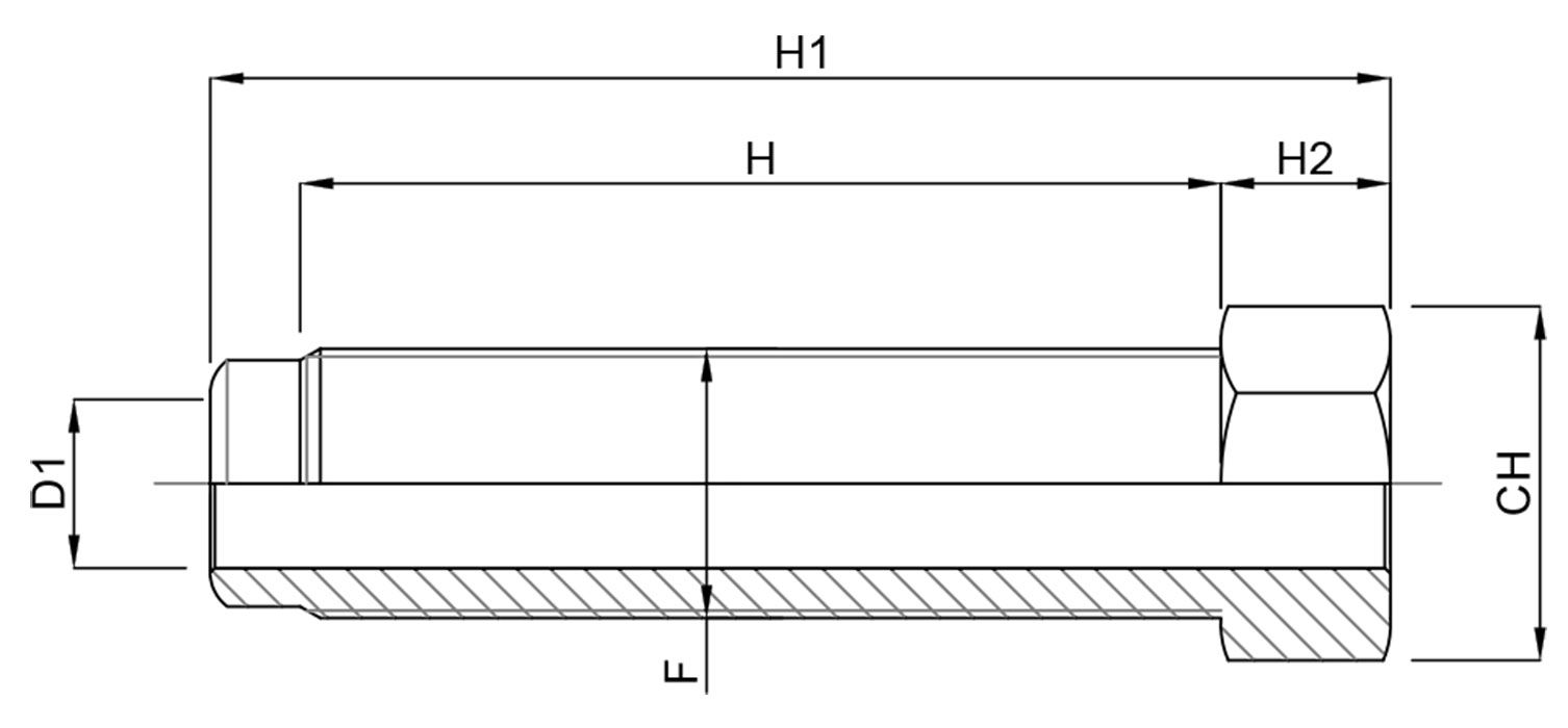 A black and white drawing of a hose with measurements on a white background.