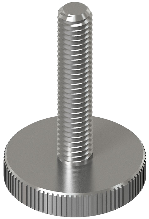 A close up of a stainless steel screw on a white background.