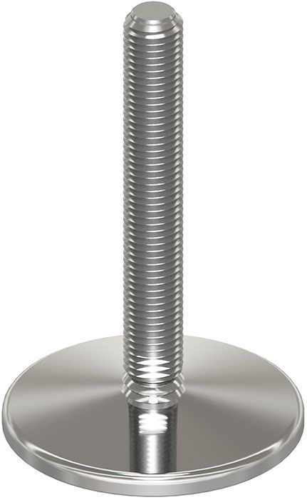 A close up of a stainless steel bolt with a round base on a white background.