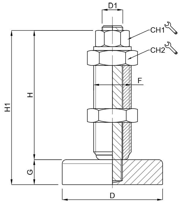 A black and white drawing of a bolt with nuts and washers.