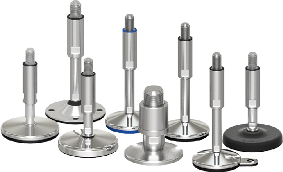 Adjustable stainless steel leveling feet in various designs.