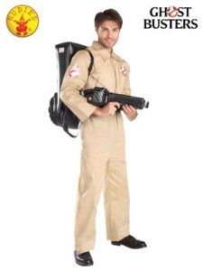 Man in a Ghostbusters Jumpsuit Holding a Proton Pack and Ghost Trap — Costumes Galore in Maroochydore, QLD