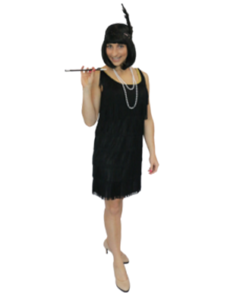 Woman in Black Flapper Dress, Holding a Cigarette Holder, Wearing a Hat, Smiling — Costumes Galore in Maroochydore, QLD