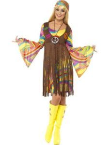 Woman in Colorful Hippie Costume, Wearing Headband, Long Sleeves, Fringed Dress — Costumes Galore in Maroochydore, QLD