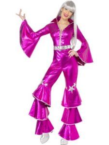Woman in a Pink Disco Jumpsuit With Flared Sleeves and Pants, Wearing a Silver Wig — Costumes Galore in Maroochydore, QLD