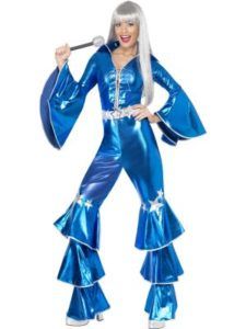 Woman in a Shiny Blue Jumpsuit With Flared Sleeves and Pants — Costumes Galore in Maroochydore, QLD