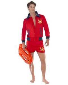 Man in Red Lifeguard Outfit Holding a Rescue Buoy — Costumes Galore in Maroochydore, QLD