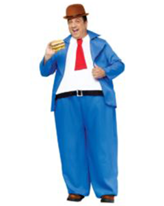 Man in a Blue Suit, Red Tie, and Brown Hat, Eating a Burger — Costumes Galore in Maroochydore, QLD
