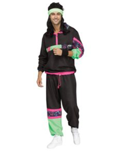Man in 80s Track Suit: Black, Pink, and Green Accents. Wearing Headband — Costumes Galore in Maroochydore, QLD