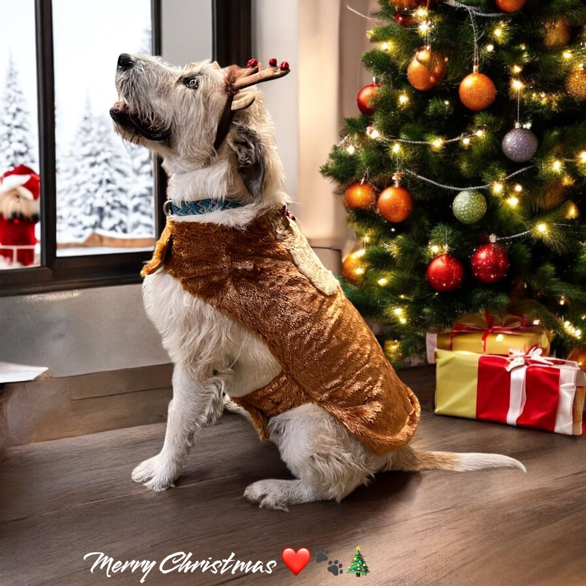 Dog in a reindeer antler headband and gold velvet vest sits near a decorated Christmas tree, looking up at a snowy window — Costumes Galore In Maroochydore, QLD