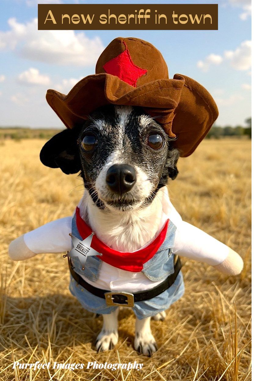 Dog in sheriff costume, wearing hat, vest, and overalls, standing in field — Costumes Galore In Maroochydore, QLD