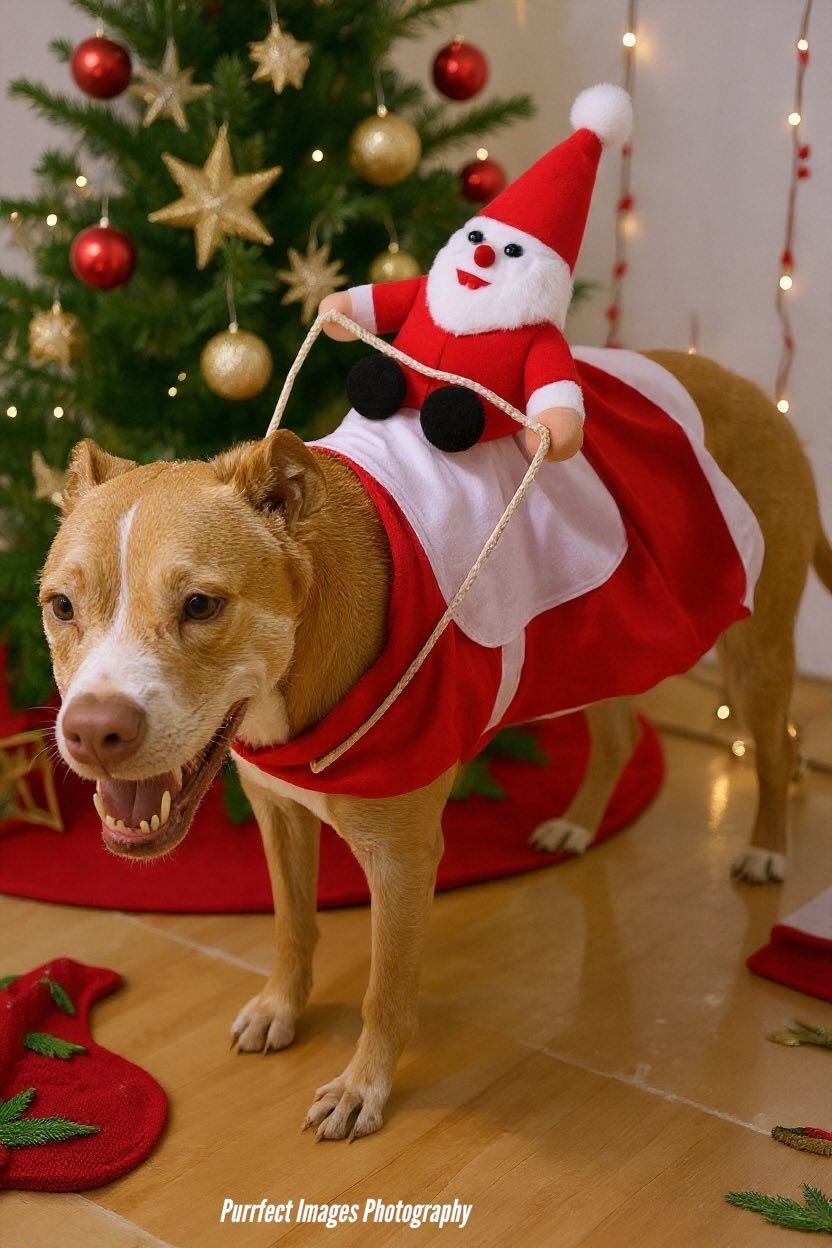 Dog in Santa Costume With Toy Santa on Its Back in Front of a Christmas Tree — Costumes Galore in Maroochydore, QLD