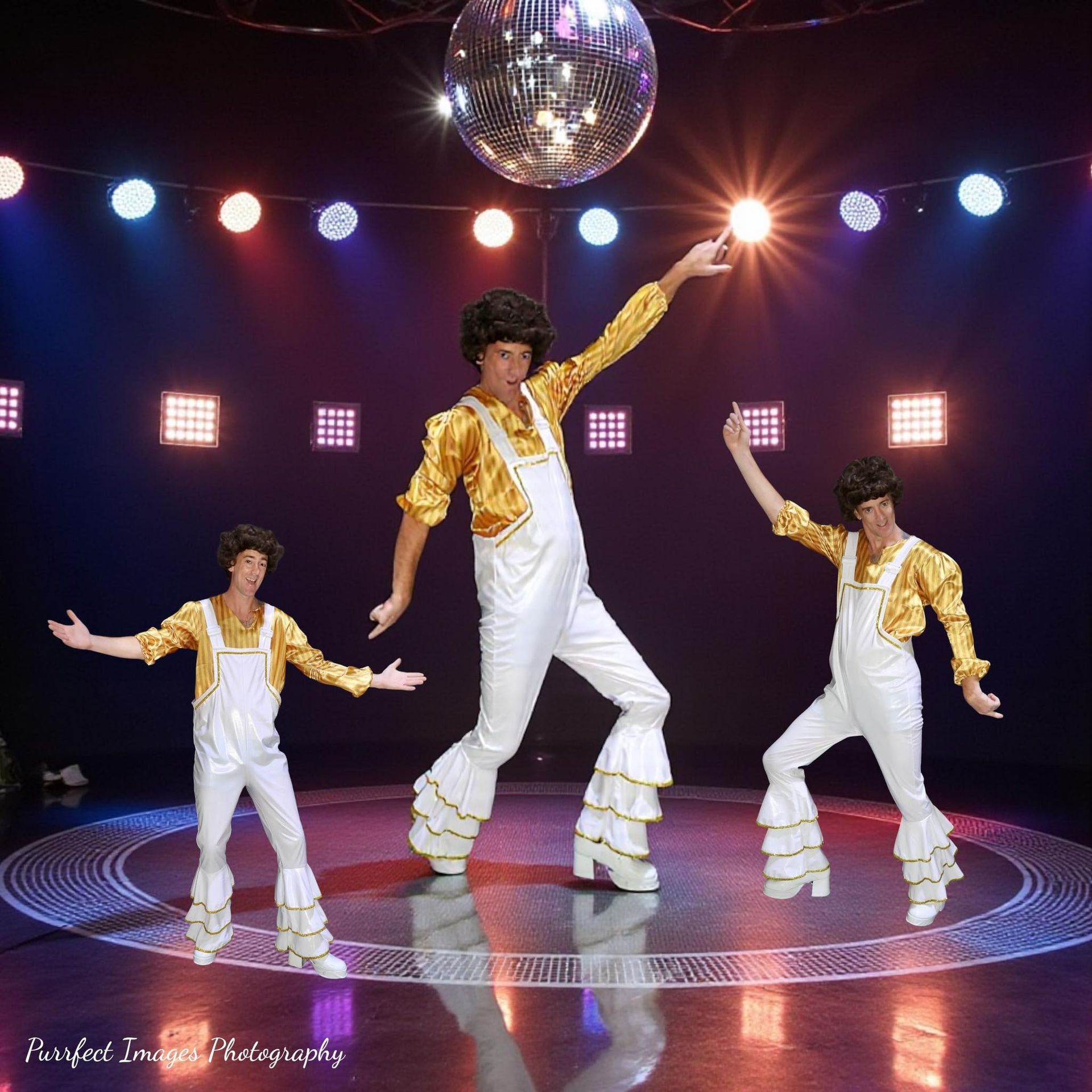 Three people in disco outfits dancing under a disco ball and lights — Costumes Galore In Maroochydore, QLD