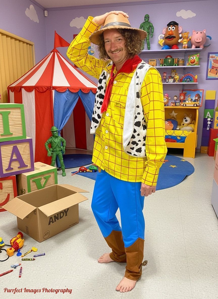 Man in Woody costume, holding hat, posing in a toy-filled room with a circus tent and blocks that spell 