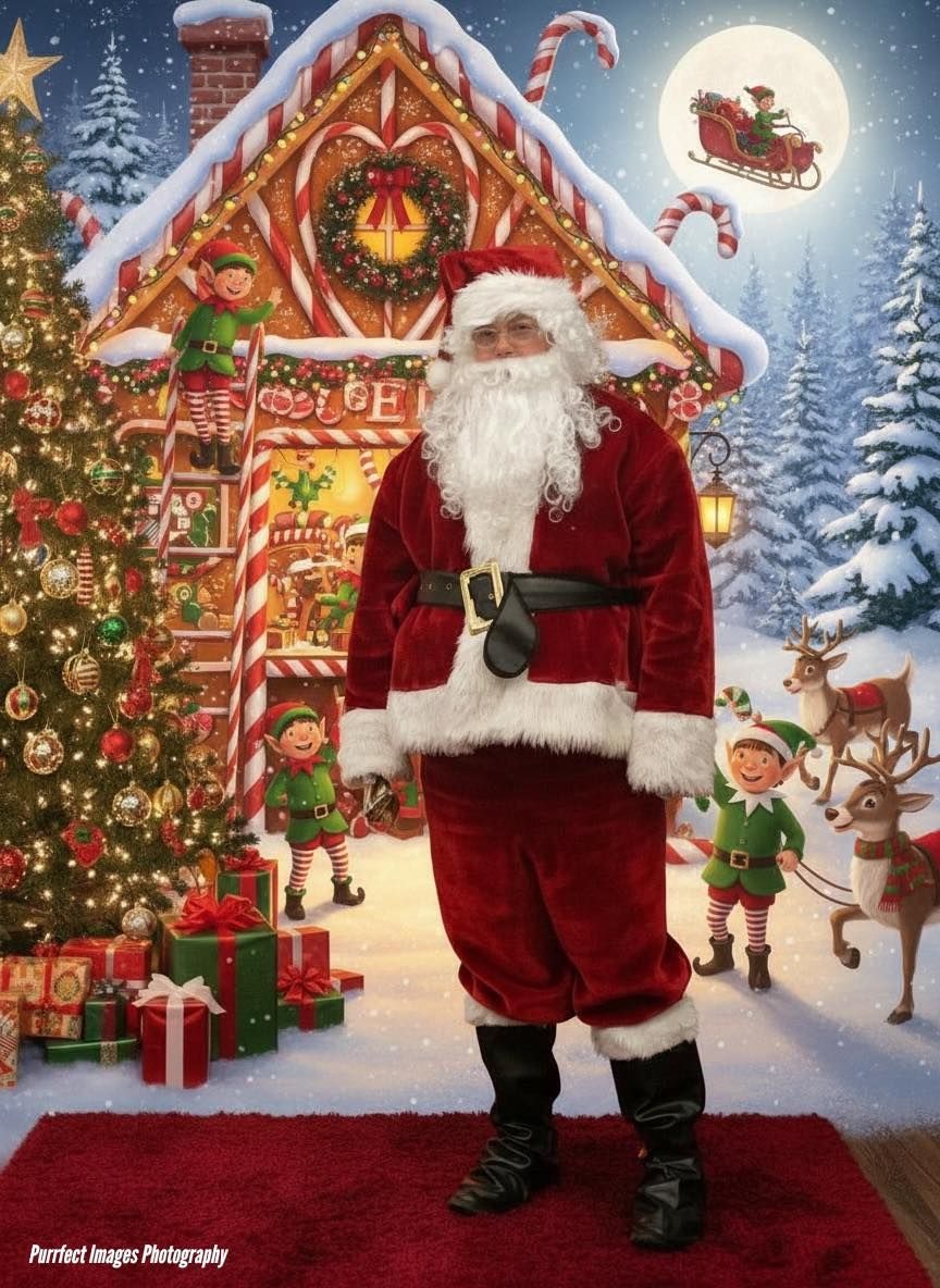 Santa Claus in red suit stands before decorated gingerbread house and Christmas tree. Elves and reindeer in a snowy scene — Costumes Galore In Maroochydore, QLD