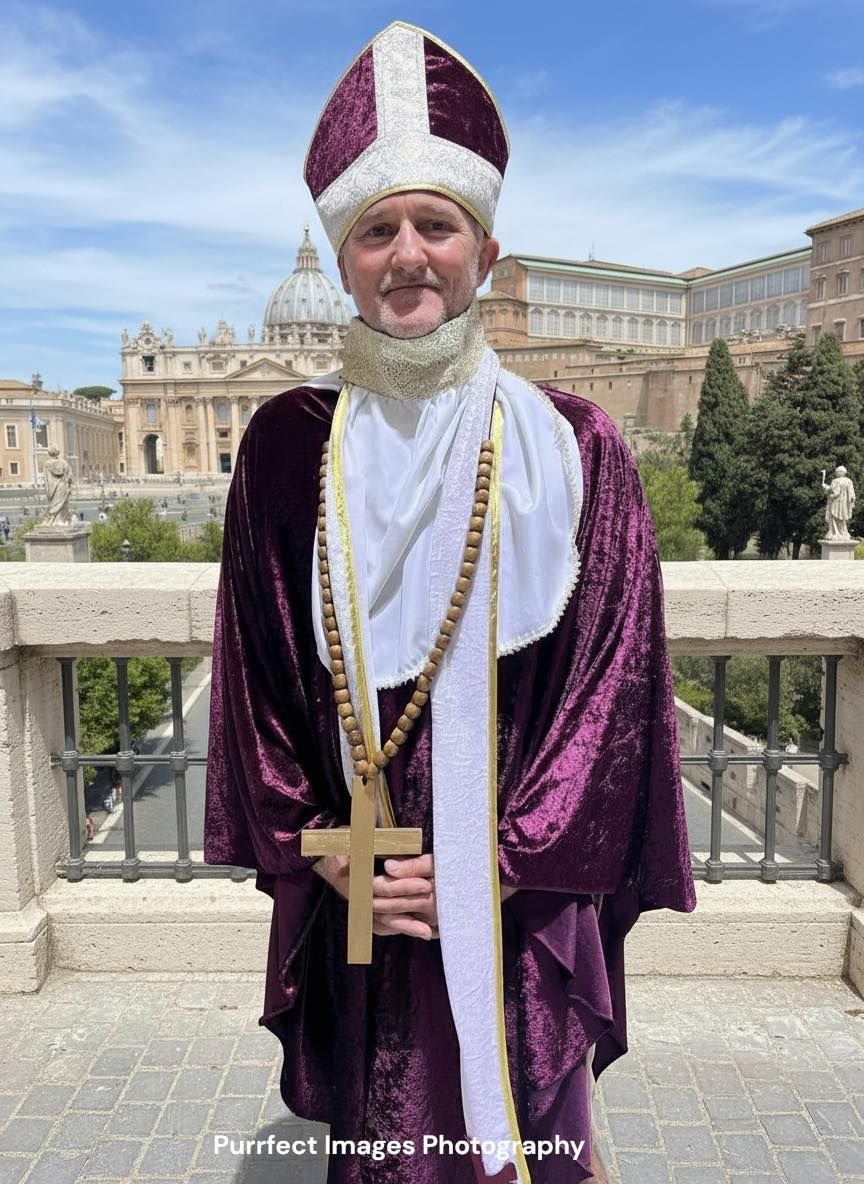 Person in purple religious garb, holding a cross, poses in front of St. Peter's Basilica — Costumes Galore In Maroochydore, QLD