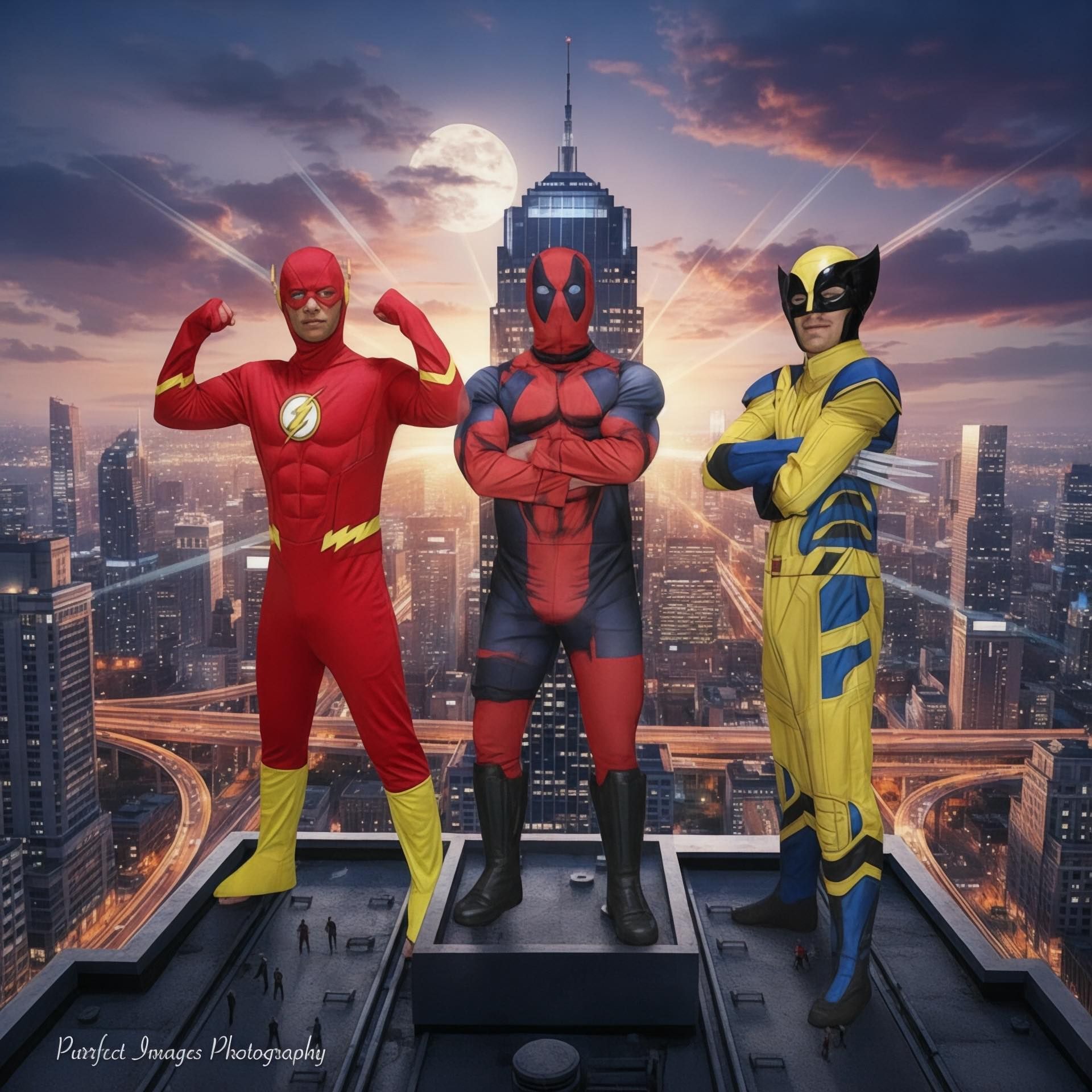 Three Superheroes on Rooftop at Sunset Cityscape — Costumes Galore in Fraser Coast, QLD