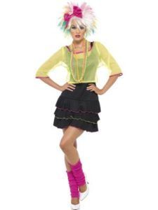 Woman in 1980s Costume: Yellow Top, Tiered Black Skirt, Pink Leg Warmers — Costumes Galore in Maroochydore, QLD