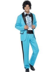 Man in a Turquoise 1970s Tuxedo Costume With Black Trim, Bow Tie, and a Curly Wig — Costumes Galore in Maroochydore, QLD