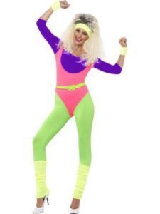 Woman in 80s Aerobics Costume: Purple Top, Pink Torso, Green Leggings — Costumes Galore in Maroochydore, QLD