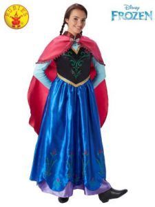 Woman in an Anna (Frozen) Costume With a Red Cape, Blue Dress, and Black Bodice — Costumes Galore in Maroochydore, QLD