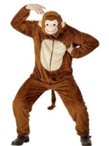 Person in Monkey Costume, Arms Raised, Smiling, Brown Fur, White Background — Costumes Galore in Maroochydore, QLD