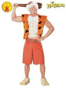 Man in Fred Flintstone Costume Holding a Club, Orange Shorts and Vest — Costumes Galore in Maroochydore, QLD