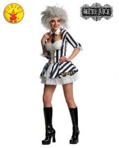 Woman in Beetlejuice Costume: Black and White Striped Dress, Gray Wig, Black Boots — Costumes Galore in Maroochydore, QLD