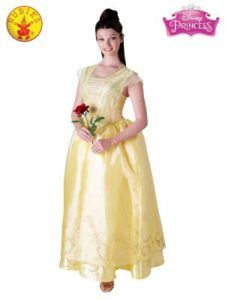 Woman in a Yellow Belle Costume Holding a Red Rose — Costumes Galore in Maroochydore, QLD