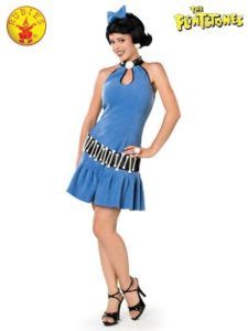 Woman in a Blue Betty Rubble Costume: Halter Dress, Bow, Dark Hair, Heels — Costumes Galore in Maroochydore, QLD