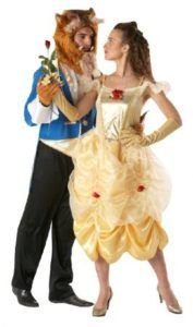 Couple in Beauty and the Beast Costumes, the Beast Holding a Rose, Looking at Belle — Costumes Galore in Maroochydore, QLD