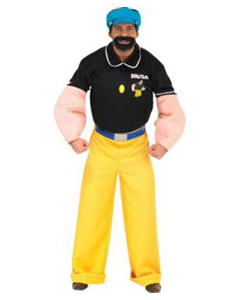 Man in Brutus Costume: Black Shirt, Yellow Pants, Blue Hat, and Oversized Forearms — Costumes Galore in Maroochydore, QLD