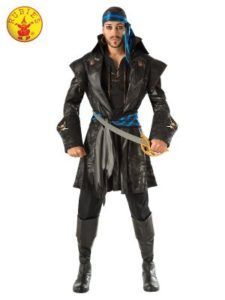 Man in a Black Pirate Costume With a Blue Headscarf, Holding a Sword, and Standing — Costumes Galore in Maroochydore, QLD