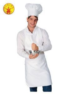 Man in Chef Costume, White Hat and Apron, Holding a Bowl, Smiling — Costumes Galore in Maroochydore, QLD