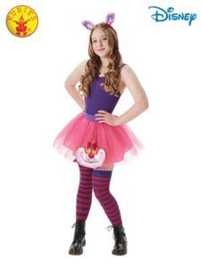 Girl in Cheshire Cat Costume: Purple Top, Pink Tutu, Striped Socks — Costumes Galore in Maroochydore, QLD