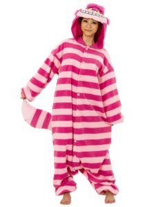 Person Wearing a Pink and Light Pink Striped Cheshire Cat Onesie — Costumes Galore in Maroochydore, QLD