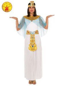 Woman in Cleopatra Costume, Arms Raised, Wearing White Gown and Gold and Blue Accents — Costumes Galore in Maroochydore, QLD