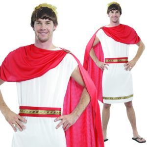 Man in Roman Emperor Costume, White Tunic, Red Cape, Gold Belt, Crown, Smiling — Costumes Galore in Maroochydore, QLD