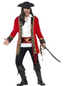 Man in Red Pirate Coat, Eye Patch, Holding Sword, Black Boots and Hat — Costumes Galore in Maroochydore, QLD