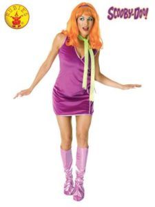 Woman in Daphne Scooby Doo Costume: Orange Wig, Purple Dress and Boots, Green Scarf  — Costumes Galore in Maroochydore, QLD