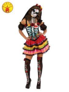 Woman in Day of the Dead Costume: Skeleton Makeup, Corset Dress — Costumes Galore in Maroochydore, QLD