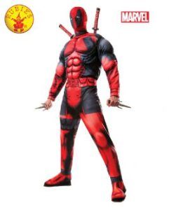 Deadpool Costume, Red and Black With Swords, Holding Weapons — Costumes Galore in Maroochydore, QLD