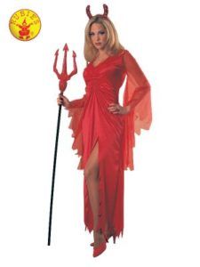 Woman in a Red Devil Costume: Horns, Dress With Slit, Holding Trident — Costumes Galore in Maroochydore, QLD