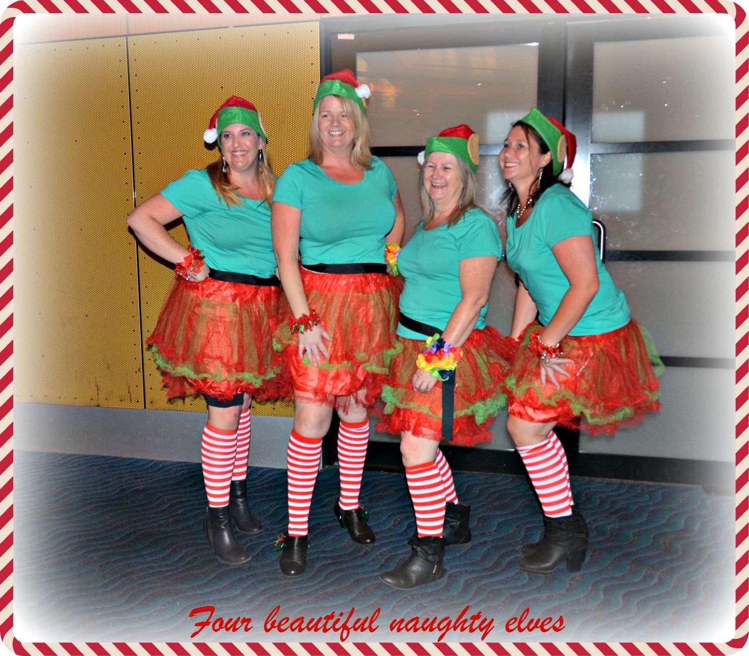 Four Women in Elf Outfits Smiling, Festive Holiday Spirit — Costumes Galore in Fraser Coast, QLD

