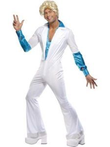 Man in White Disco Jumpsuit With Platform Shoes, Blue Accents, and a Blond Wig, Posing — Costumes Galore in Maroochydore, QLD