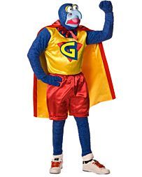 Gonzo the Muppet in a Superhero Costume With a Gold Vest, Red Shorts, and a Red Cape — Costumes Galore in Maroochydore, QLD