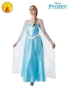Woman in Elsa From Frozen Costume; Blue Dress, Blonde Braid, Arms Outstretched — Costumes Galore in Maroochydore, QLD