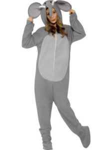 Woman in a Gray Elephant Onesie With Hood, Wearing a Gray Jumpsuit — Costumes Galore in Maroochydore, QLD